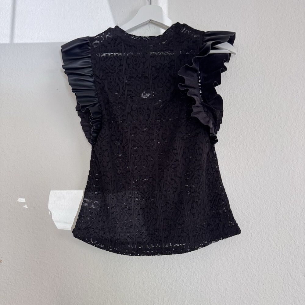 NWT Marc NY Black Lace Top Women Sz S Stretch Faux Leather Ruffle Whimsygoth - Picture 3 of 12